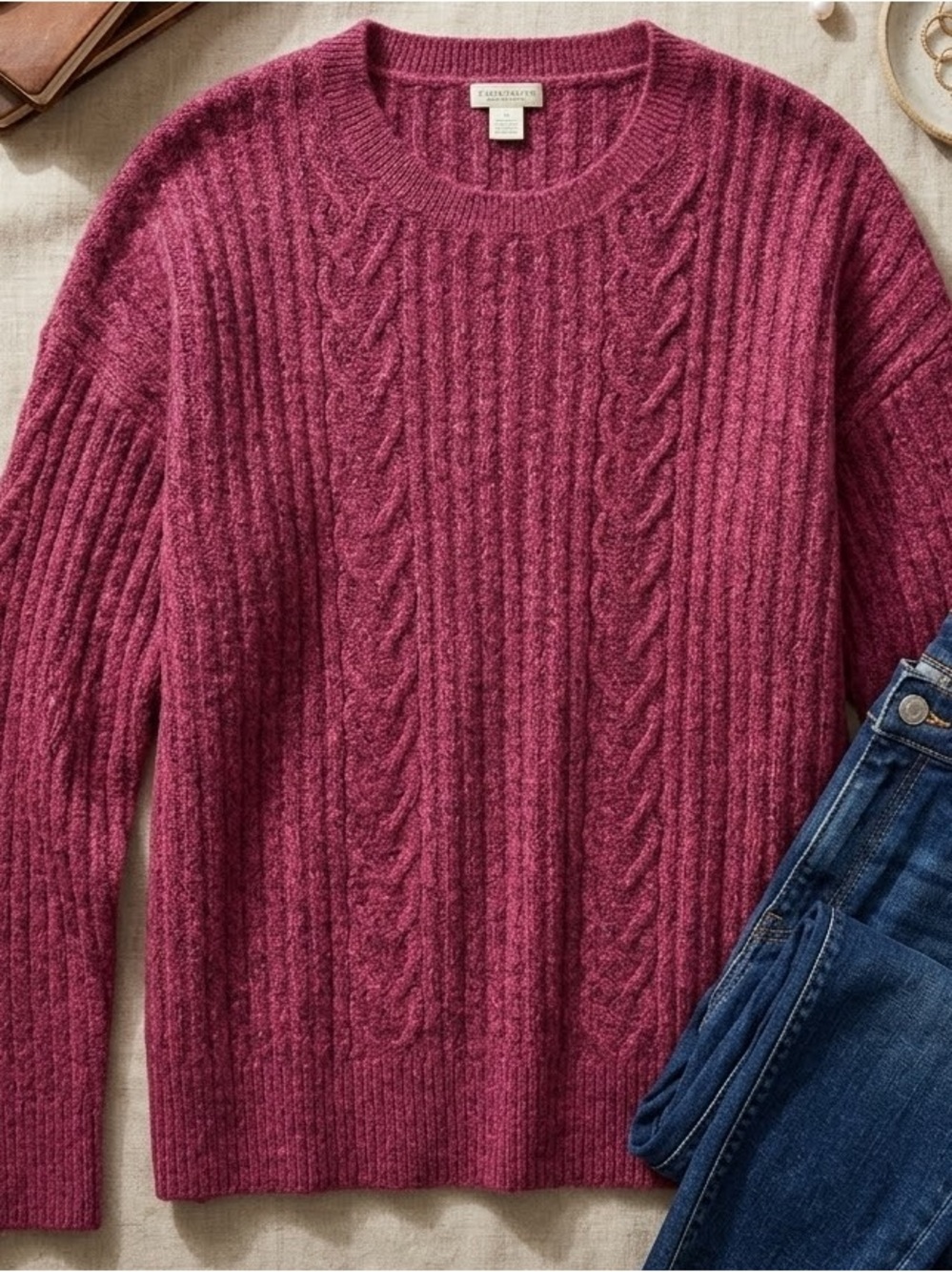 Cable-Knit Crewneck Sweater - Burgundy